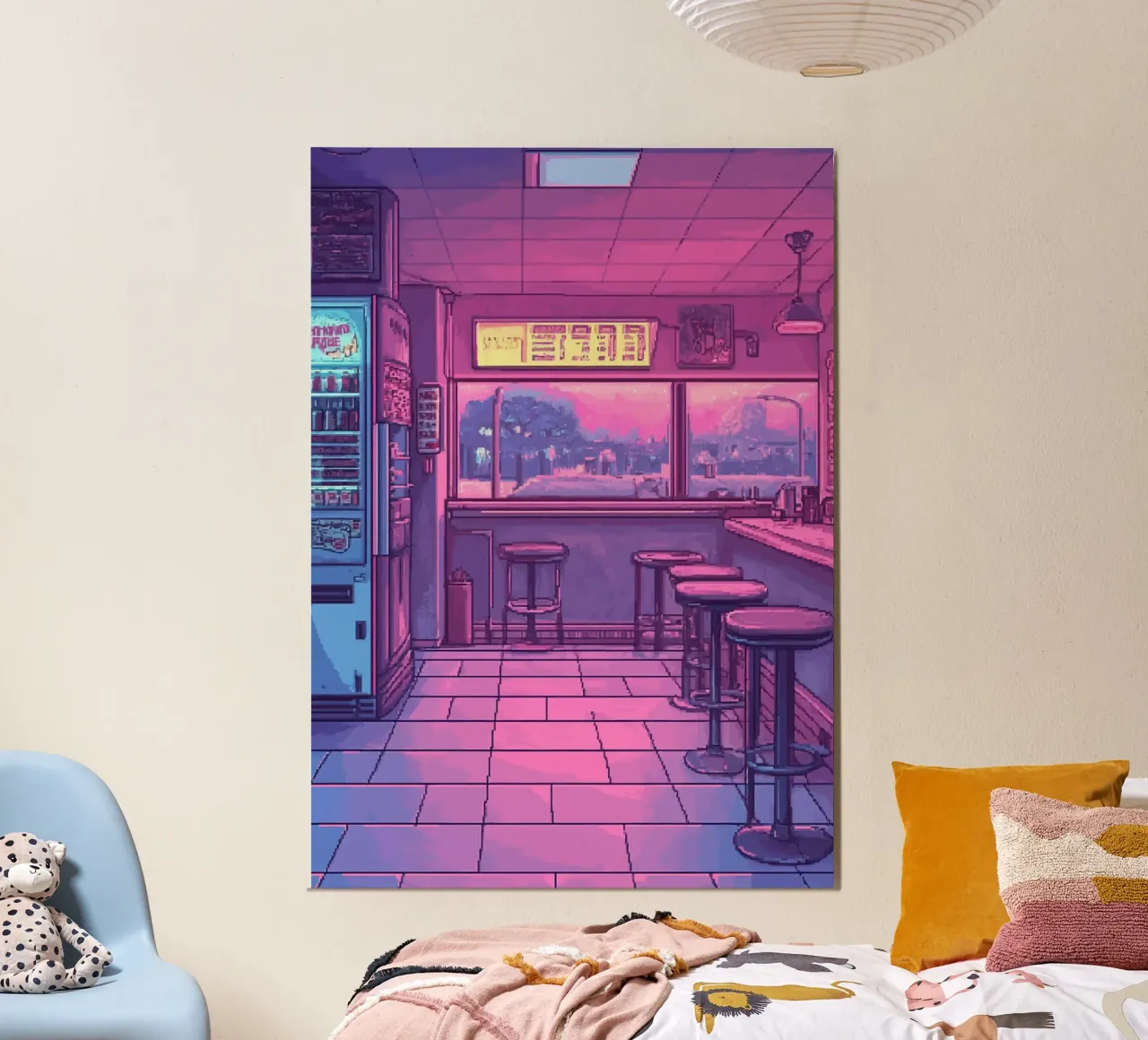 Interno di bar retrò con luci al neon e vista sulla città carta hahnemühle da Dreamyart