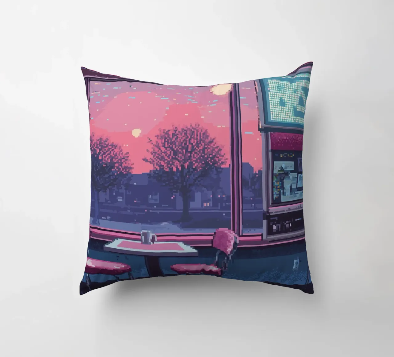 Interno di un diner in pixel art con vista sul tramonto cuscino da Dreamyart