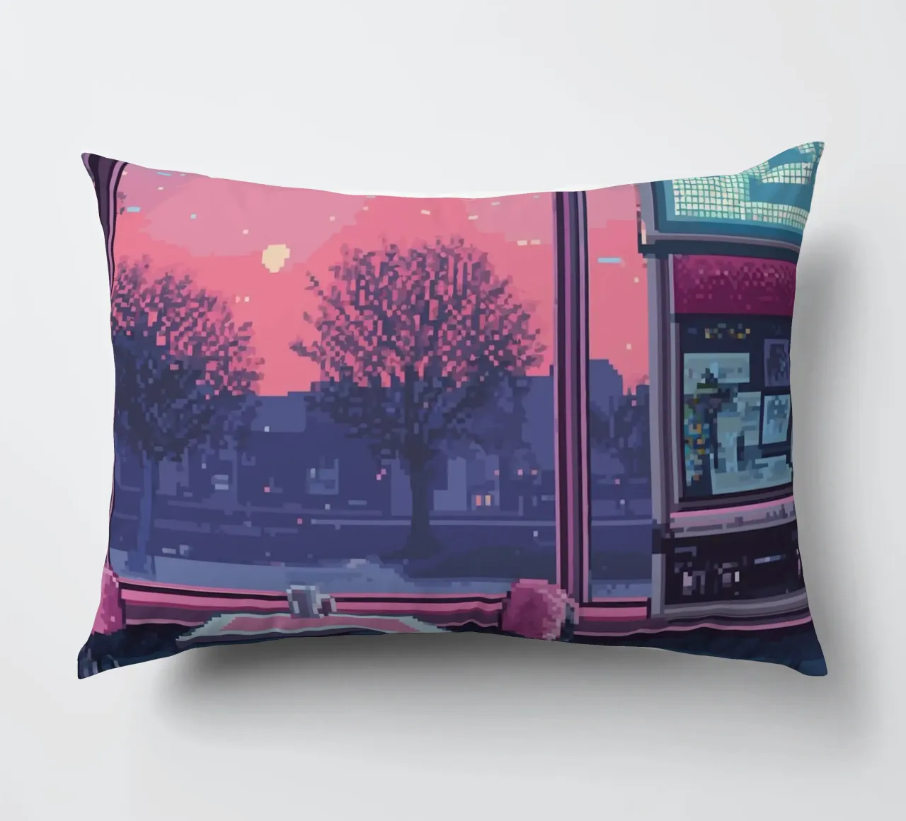 Interno di un diner in pixel art con vista sul tramonto cuscino da Dreamyart