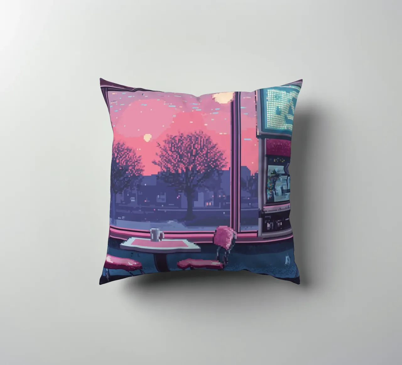 Interno di un diner in pixel art con vista sul tramonto cuscino da Dreamyart