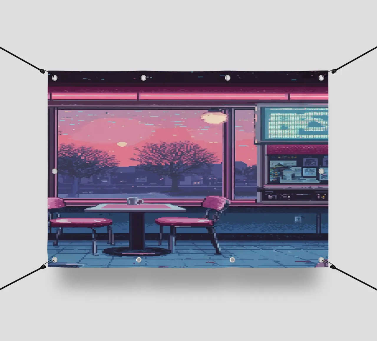 Interno di un diner in pixel art con vista sul tramonto telo in pvc da Dreamyart
