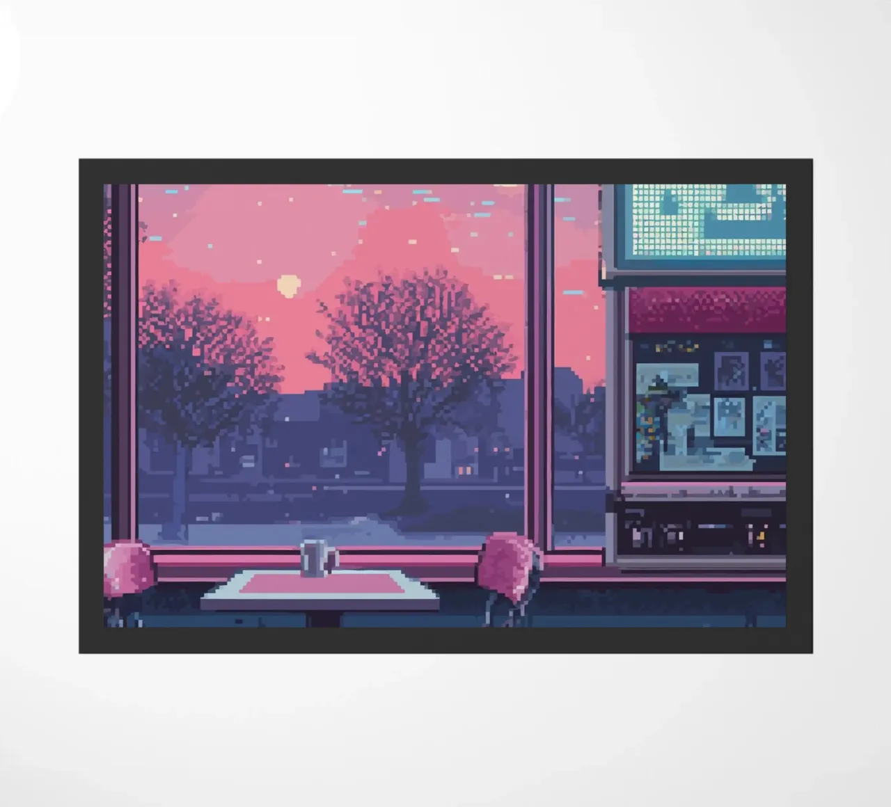 Interno di un diner in pixel art con vista sul tramonto zerbino da Dreamyart