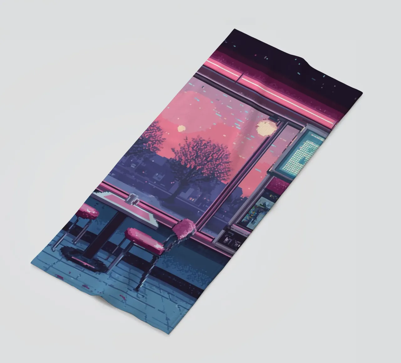 Interno di un diner in pixel art con vista sul tramonto telo mare da Dreamyart