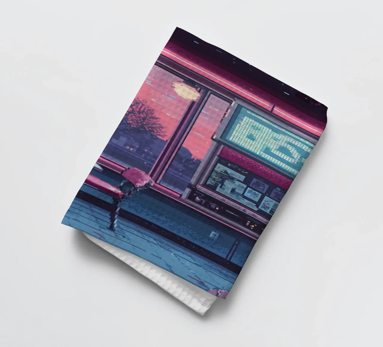 Interno di un diner in pixel art con vista sul tramonto canovaccio da cucina da Dreamyart