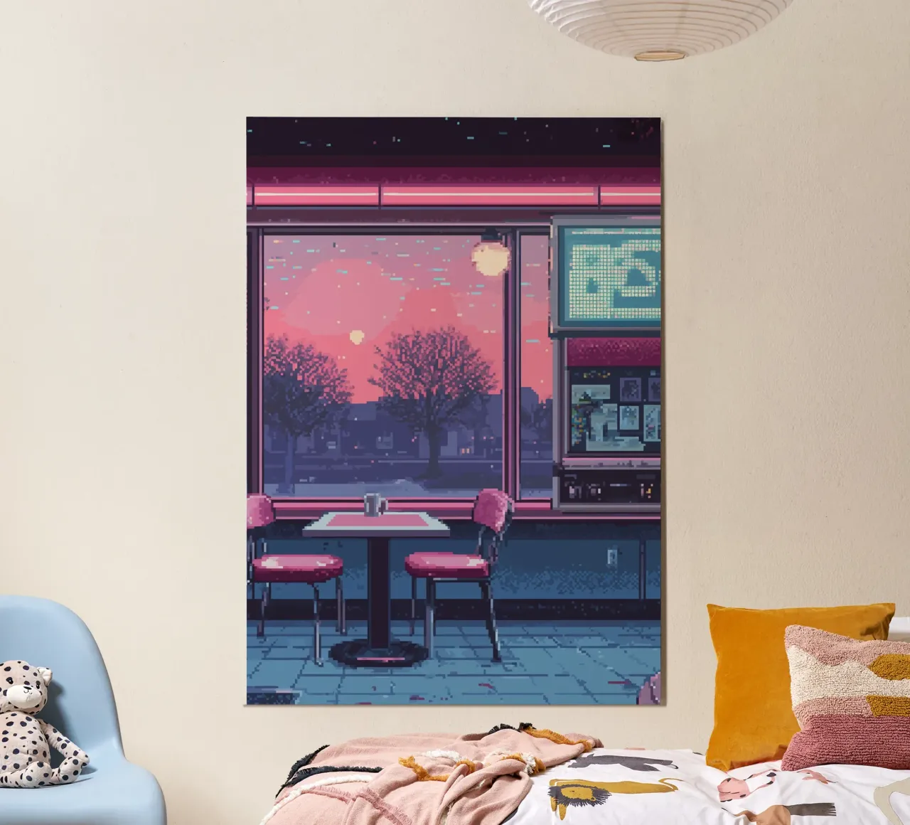 Interno di un diner in pixel art con vista sul tramonto alluminio dibond da Dreamyart