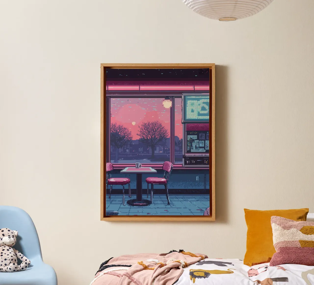 Pixel Art Diner Interior With Sunset View canvas by Dreamyart