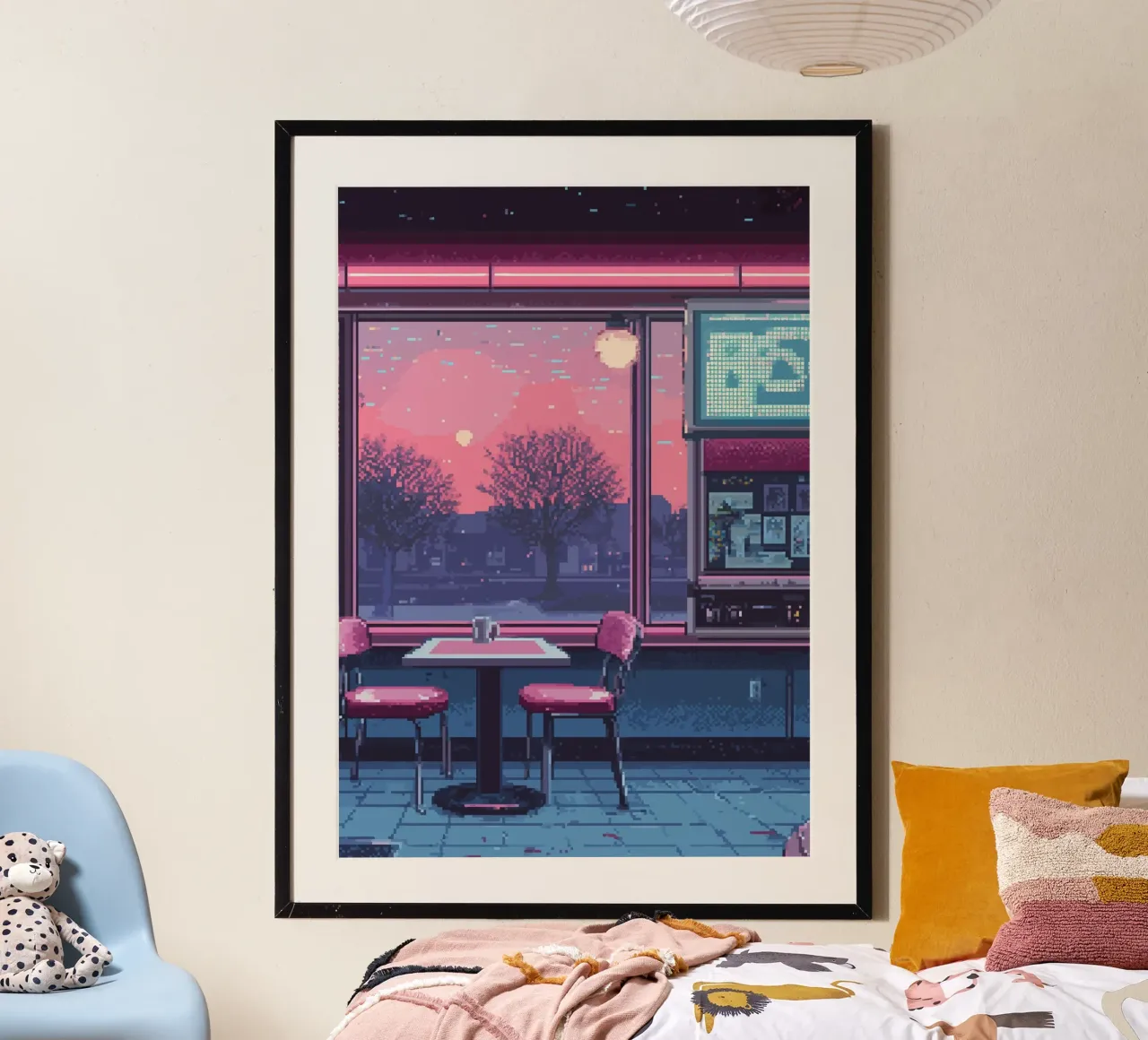 Interno di un diner in pixel art con vista sul tramonto carta hahnemühle da Dreamyart