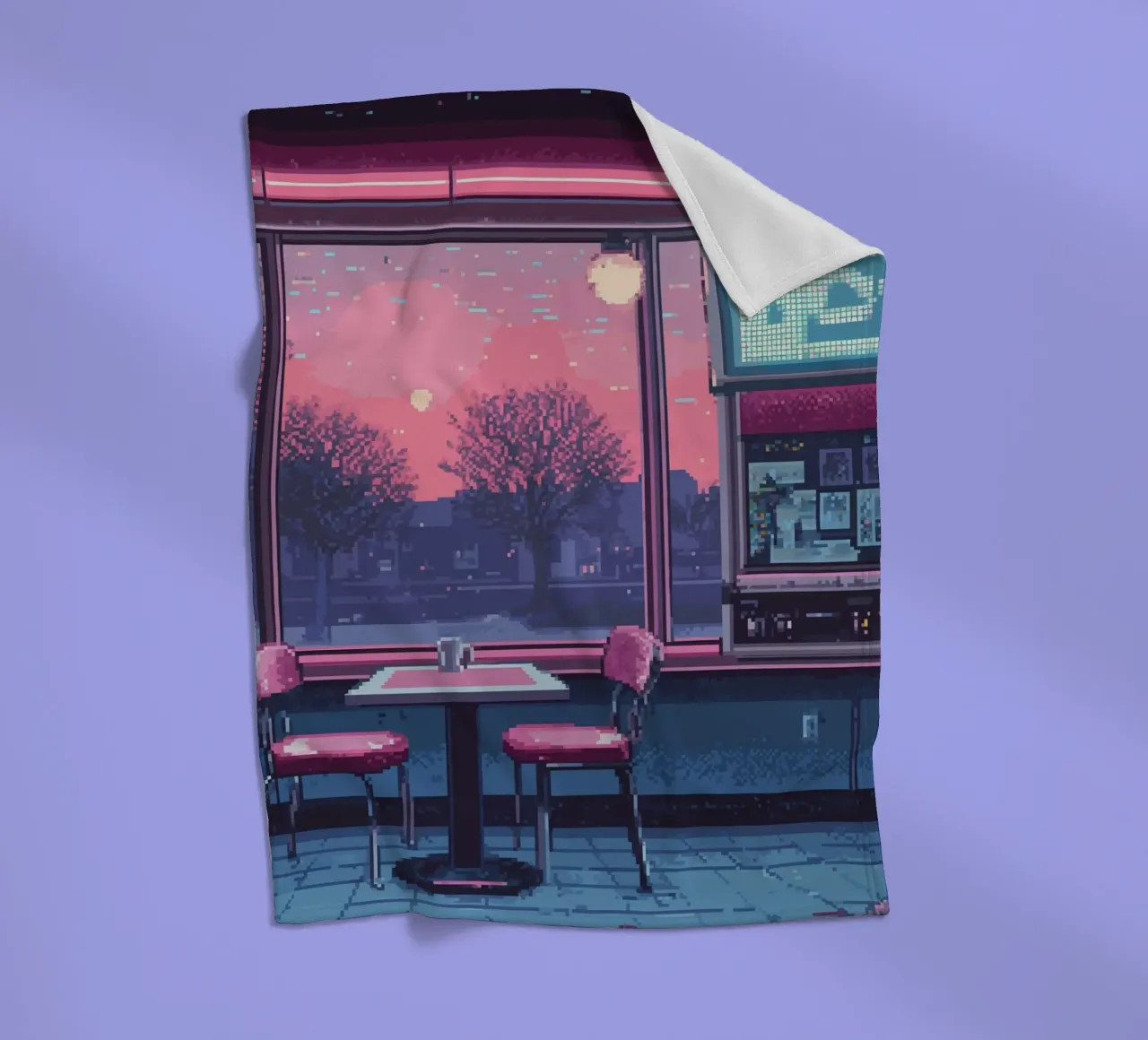 Interno di un diner in pixel art con vista sul tramonto coperta in pile da Dreamyart