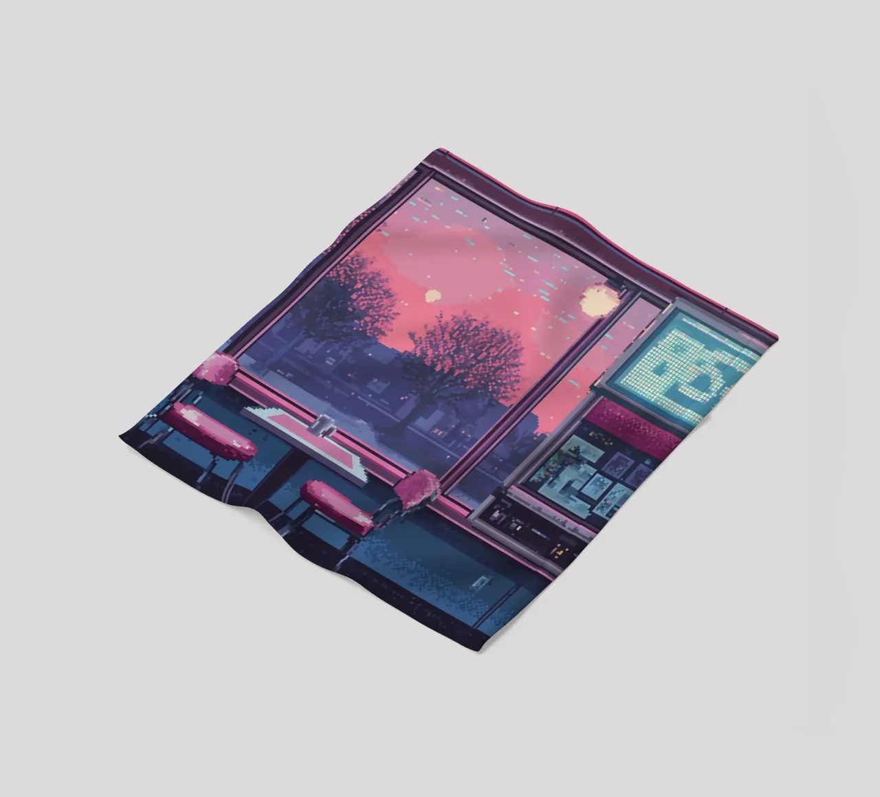 Interno di un diner in pixel art con vista sul tramonto coperta in pile da Dreamyart