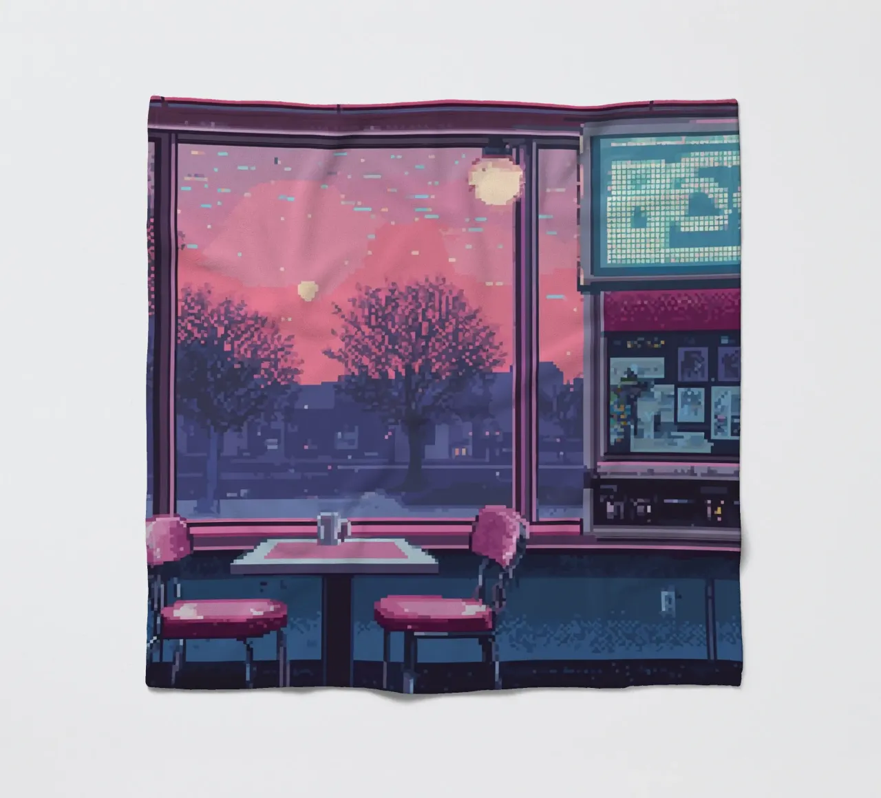 Interno di un diner in pixel art con vista sul tramonto coperta in pile da Dreamyart