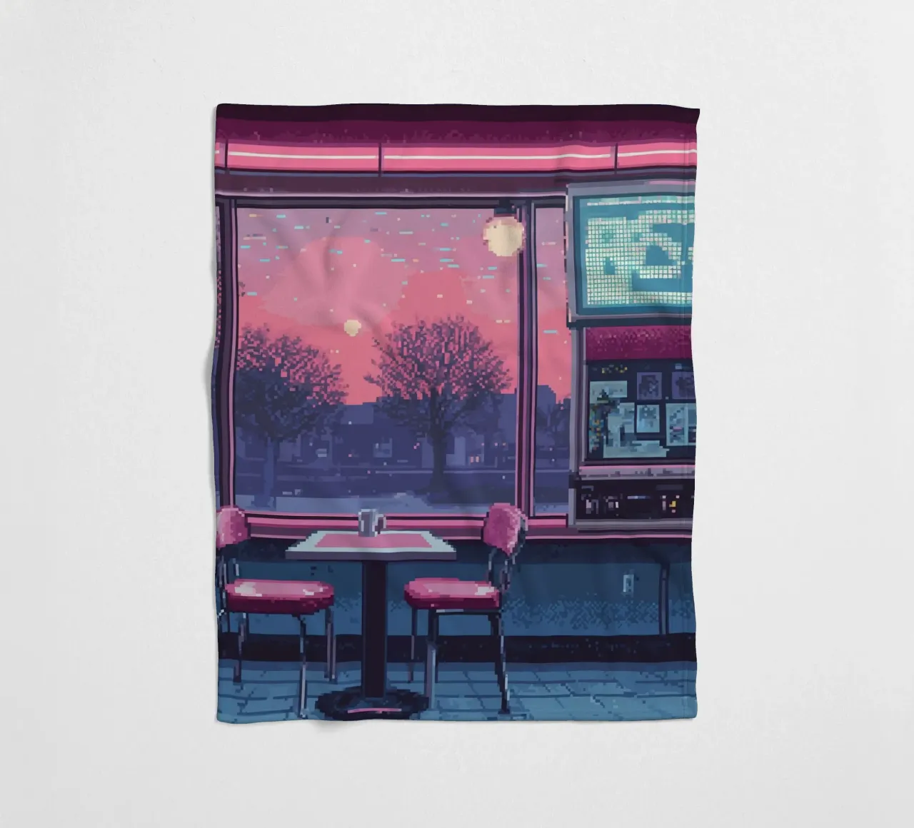 Interno di un diner in pixel art con vista sul tramonto coperta in pile da Dreamyart