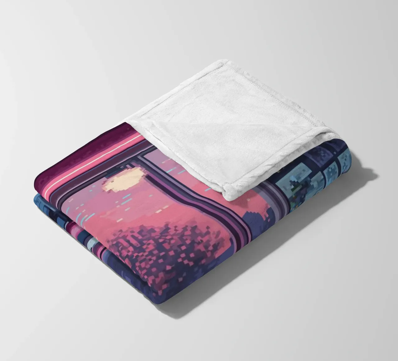 Interno di un diner in pixel art con vista sul tramonto coperta in pile da Dreamyart