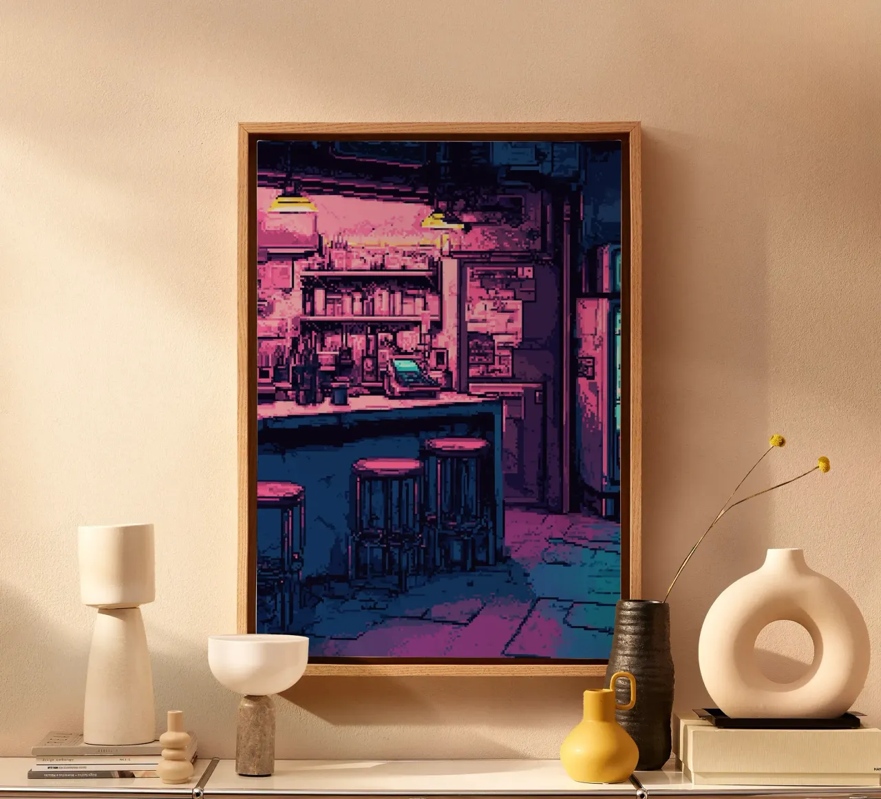 Bar notturno Pixel Art tela con Cornice a cassetta da Dreamyart