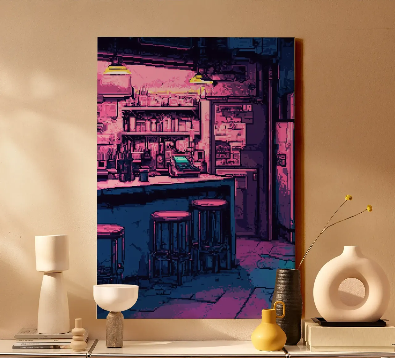 Bar notturno Pixel Art tela con Cornice a cassetta da Dreamyart