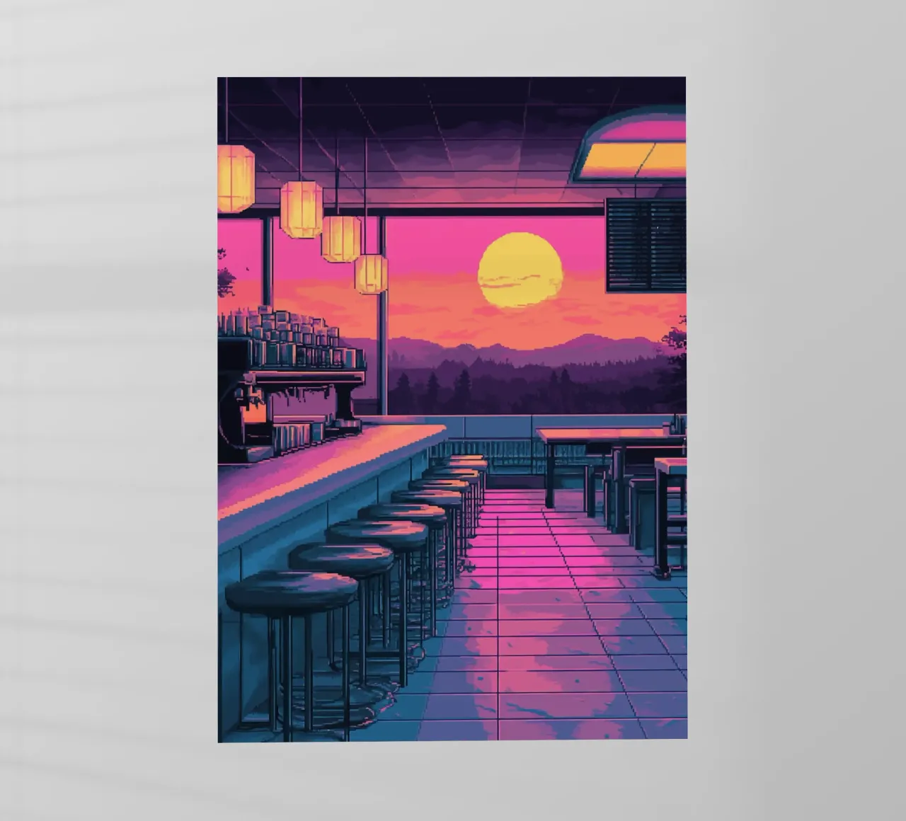 Bar al tramonto Interior Design con sgabelli e vista pellicola backlit da Dreamyart