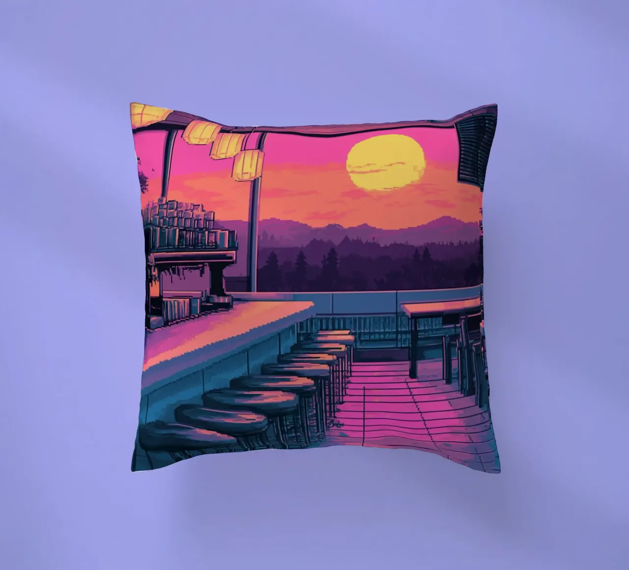 Sunset Bar Interior Design with Bar Stools and View decorative cushion by Dreamyart