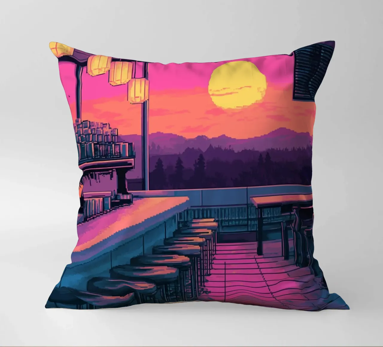 Sunset Bar Interior Design with Bar Stools and View decorative cushion by Dreamyart
