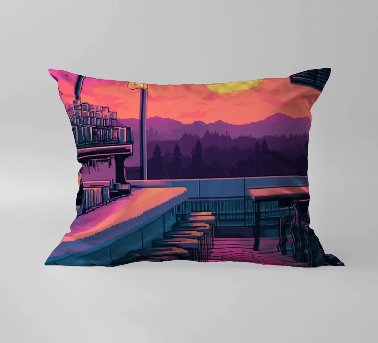 Sunset Bar Interior Design with Bar Stools and View decorative cushion by Dreamyart