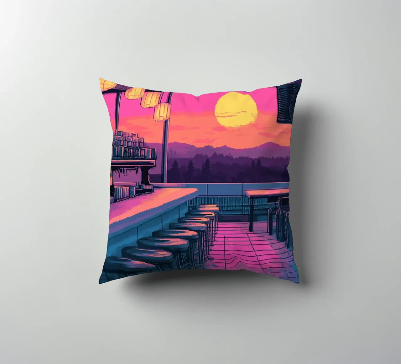 Sunset Bar Interior Design with Bar Stools and View decorative cushion by Dreamyart