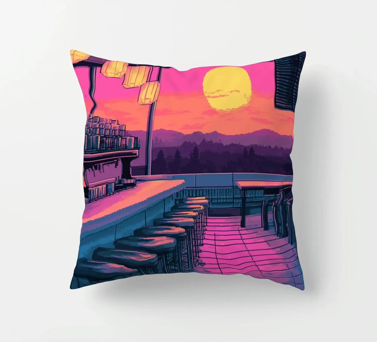 Sunset Bar Interior Design with Bar Stools and View decorative cushion by Dreamyart