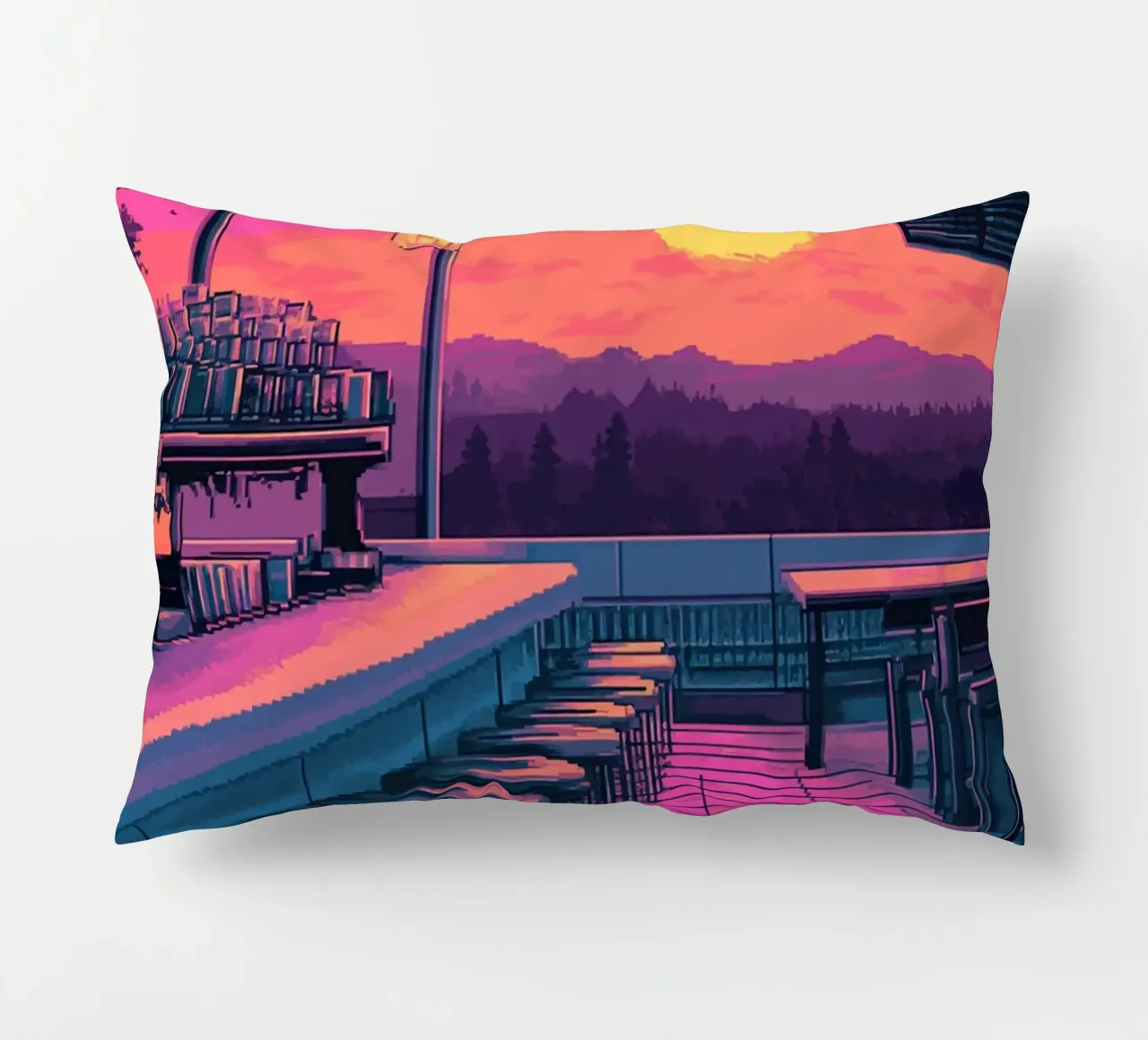 Sunset Bar Interior Design with Bar Stools and View decorative cushion by Dreamyart