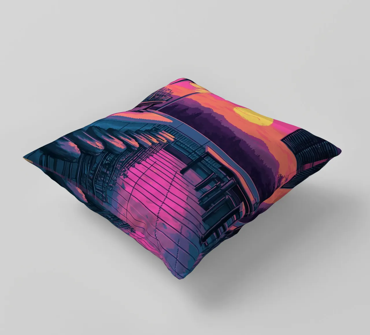 Sunset Bar Interior Design with Bar Stools and View decorative cushion by Dreamyart
