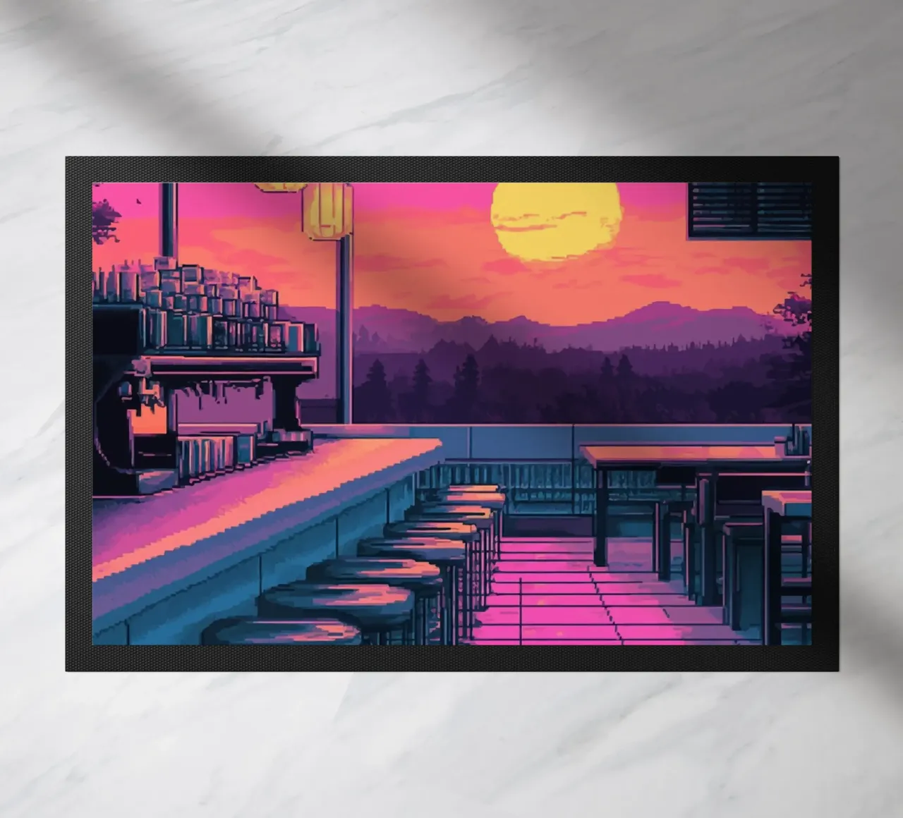 Sunset Bar Interior Design with Bar Stools and View doormat by Dreamyart