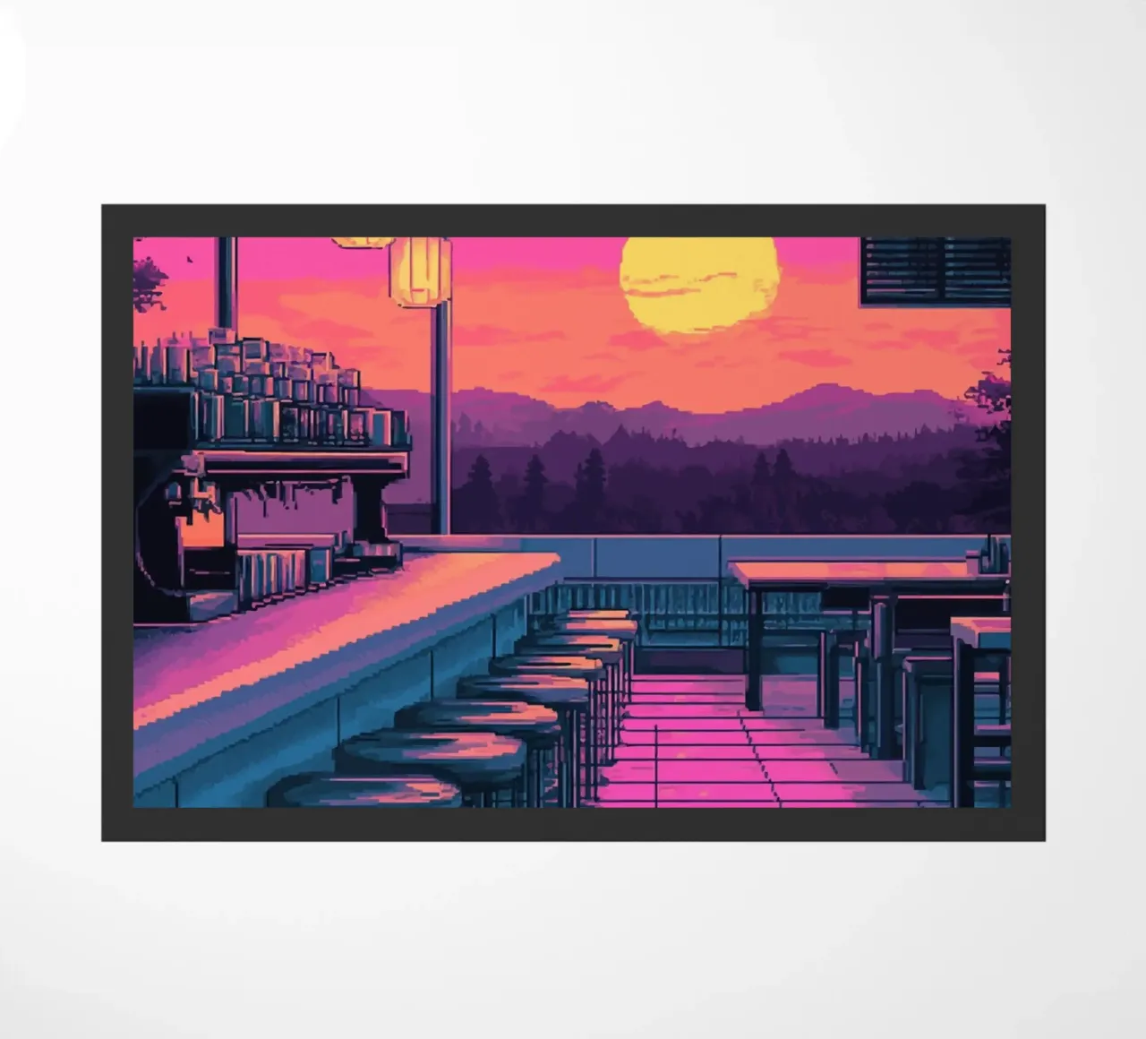 Sunset Bar Interior Design with Bar Stools and View doormat by Dreamyart