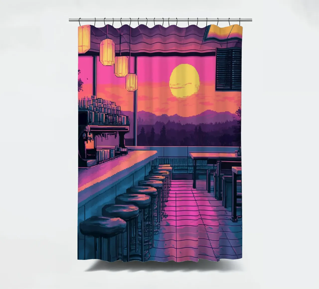 Sunset Bar Interior Design with Bar Stools and View shower curtain by Dreamyart