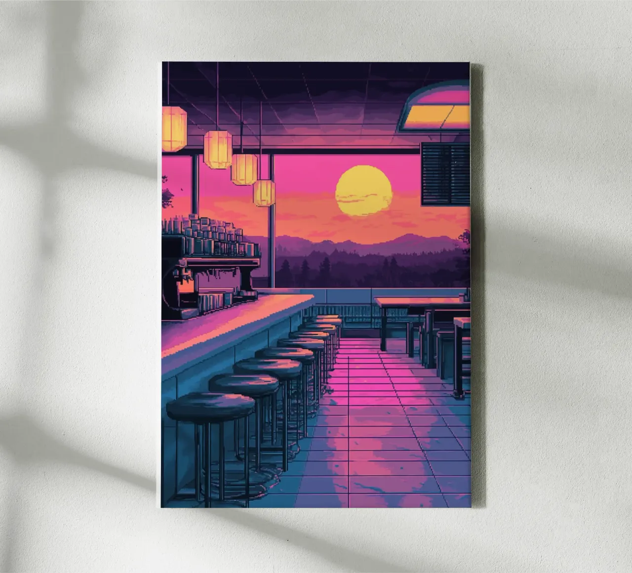 Sunset Bar Interior Design with Bar Stools and View canvas by Dreamyart