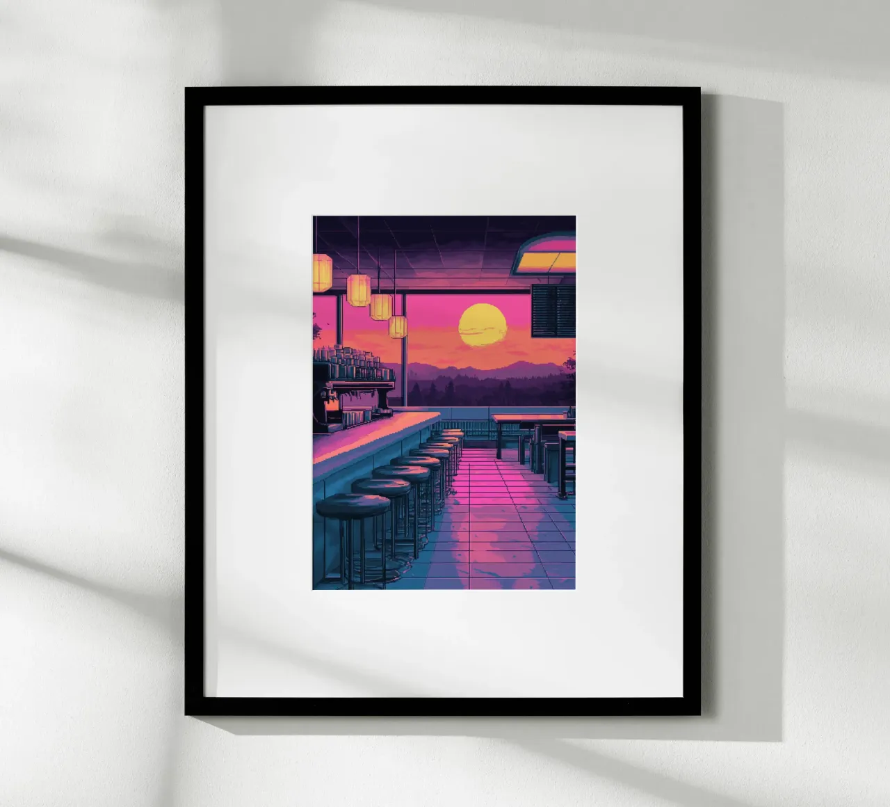 Sunset Bar Interior Design with Bar Stools and View hahnemühle by Dreamyart
