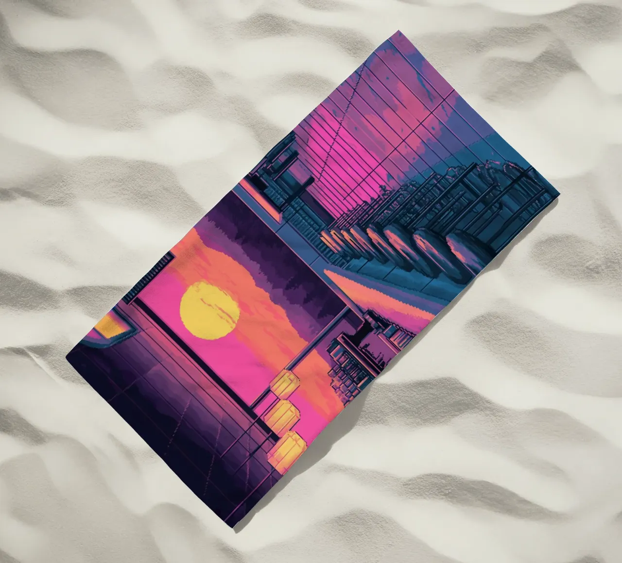 Sunset Bar Interior Design with Bar Stools and View beach towel by Dreamyart