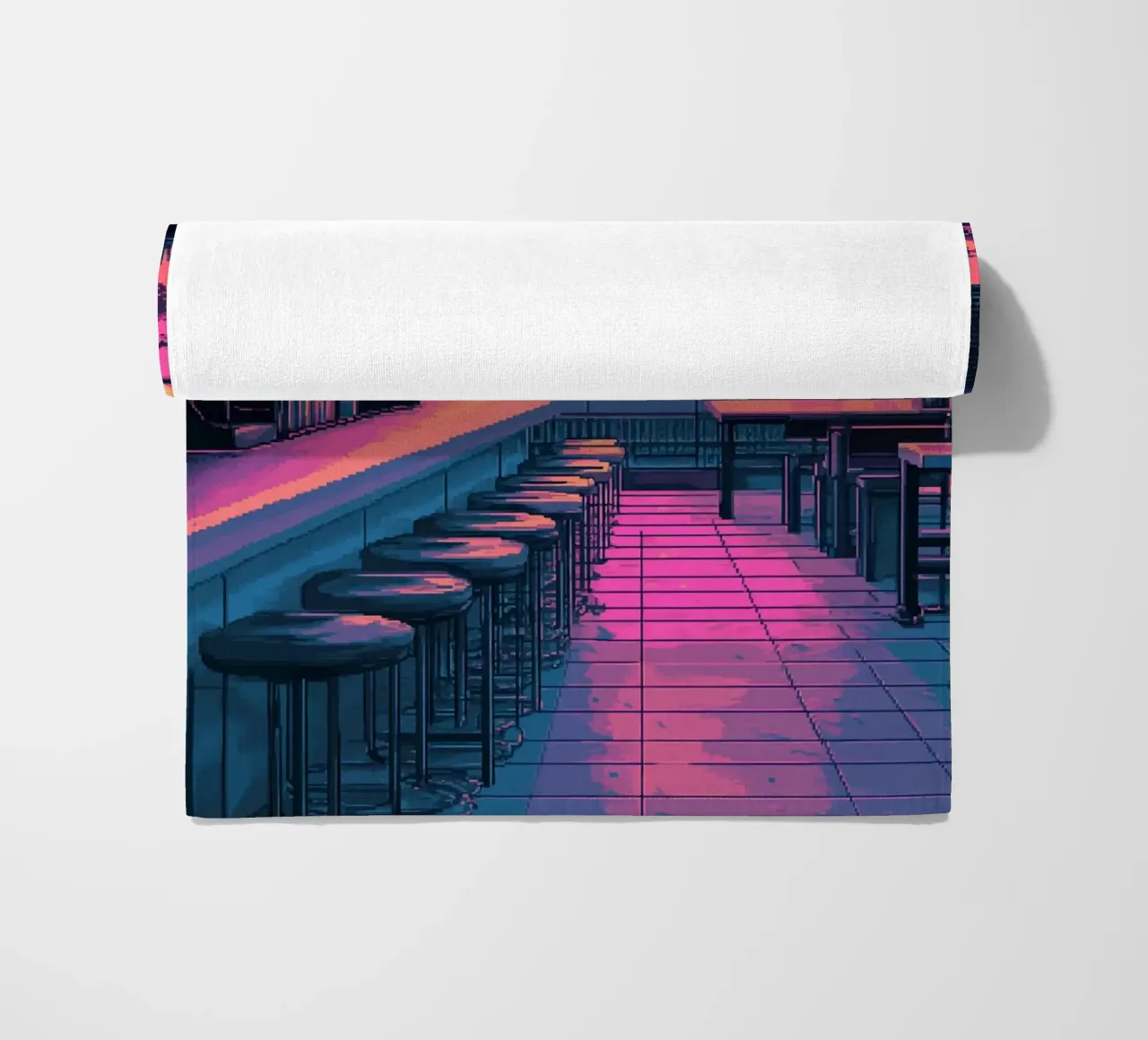 Sunset Bar Interior Design with Bar Stools and View beach towel by Dreamyart