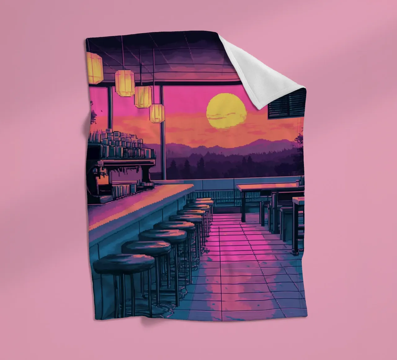 Sunset Bar Interior Design with Bar Stools and View fleece blanket by Dreamyart