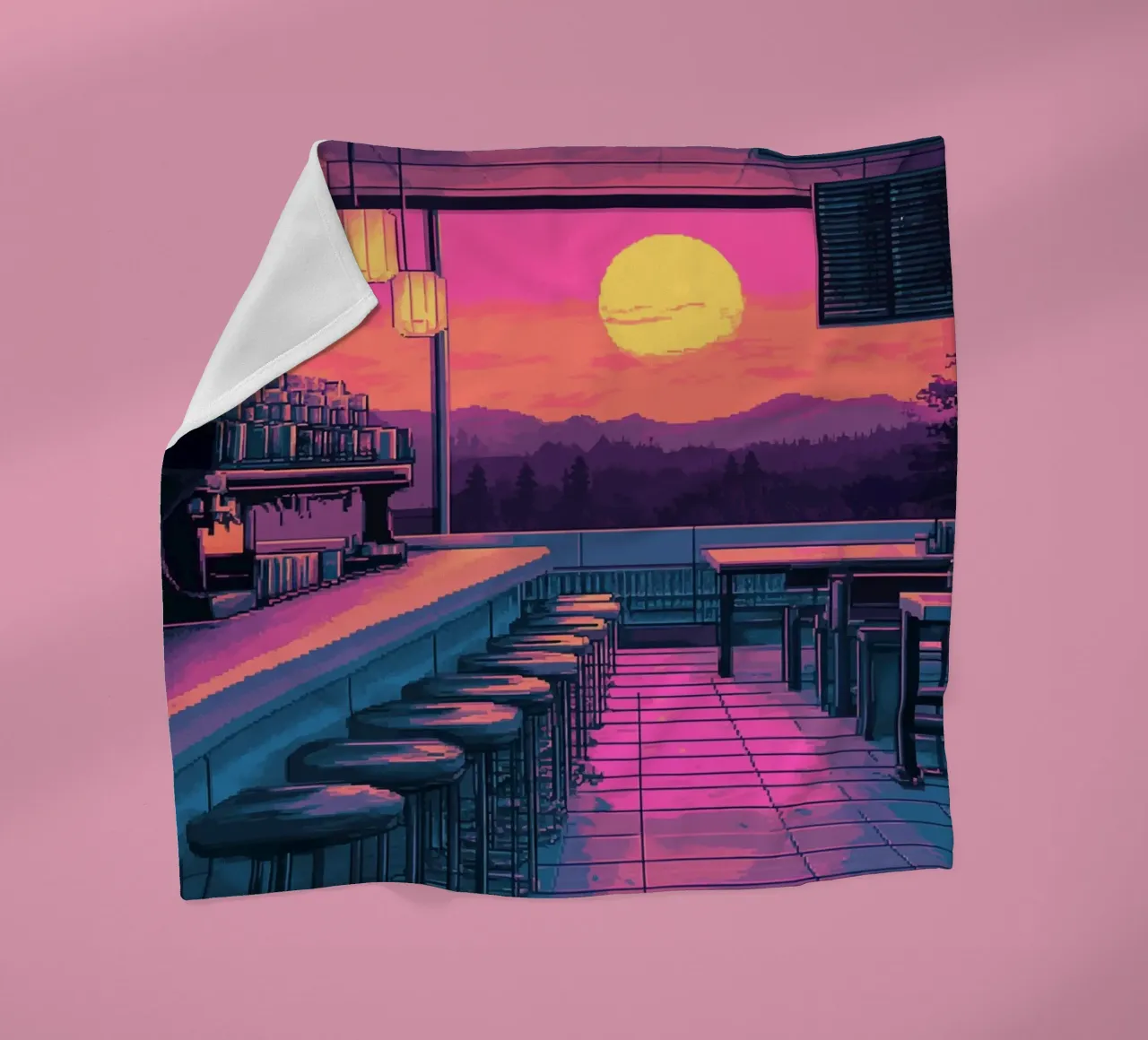 Sunset Bar Interior Design with Bar Stools and View fleece blanket by Dreamyart