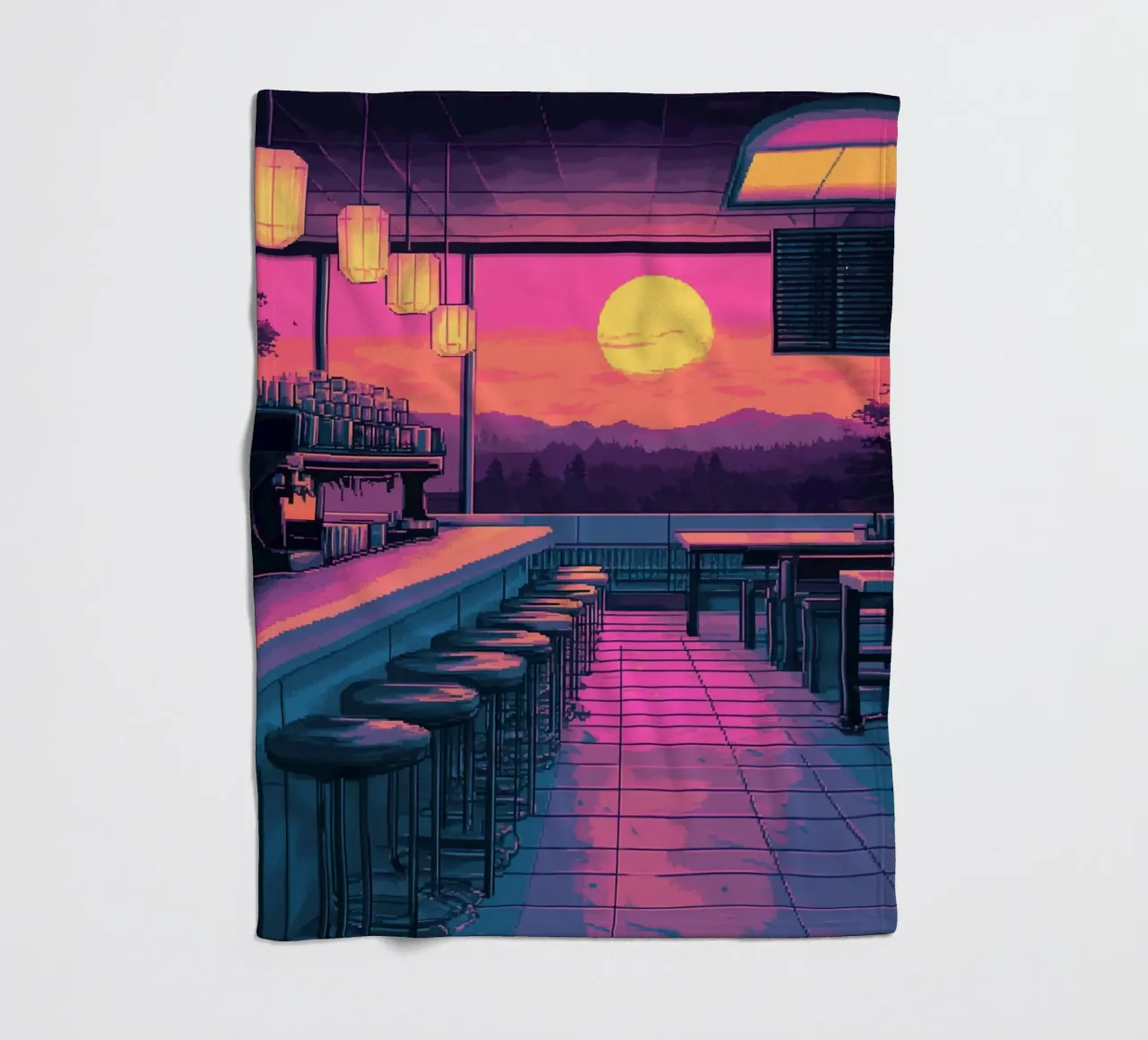 Sunset Bar Interior Design with Bar Stools and View fleece blanket by Dreamyart