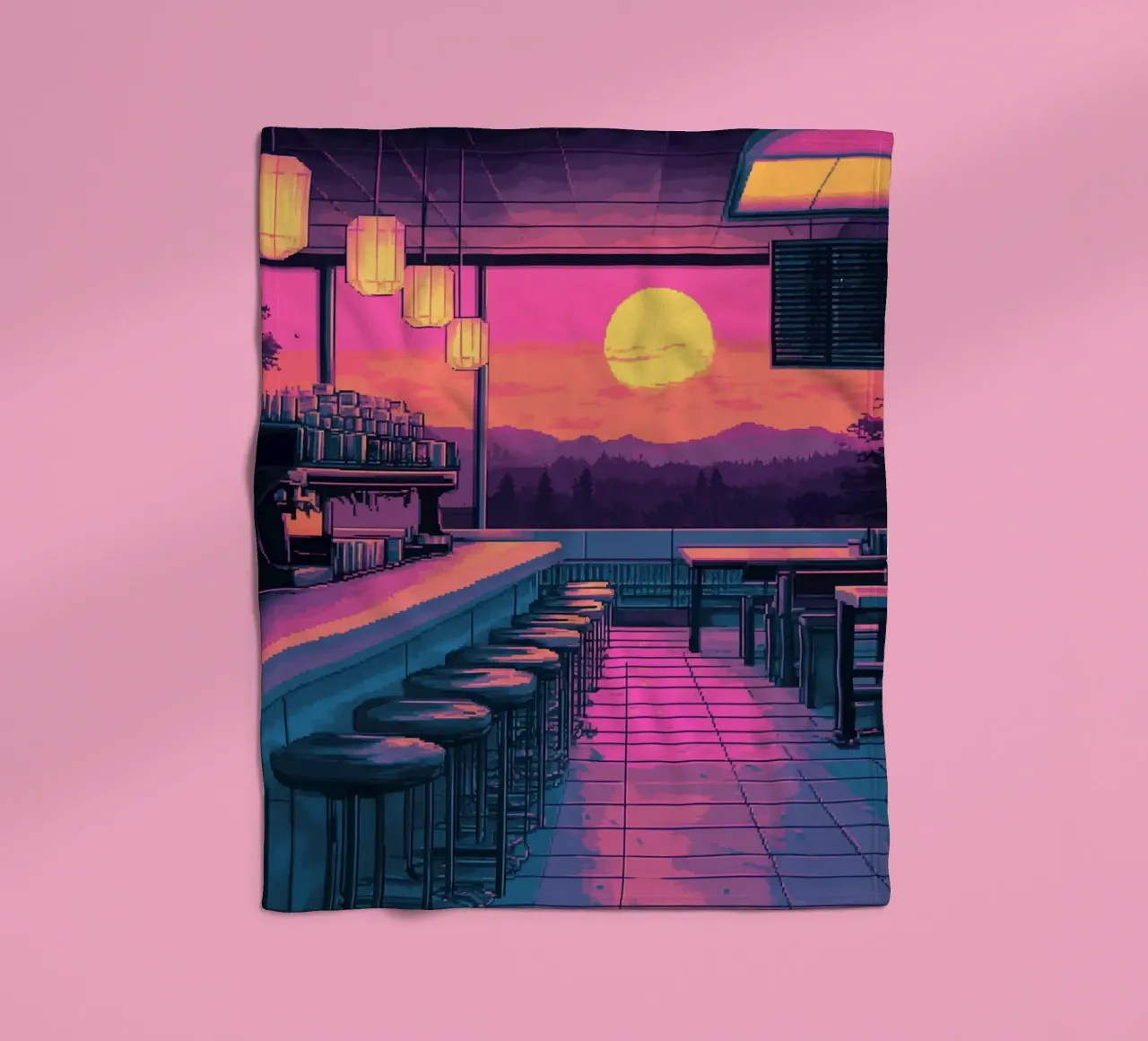 Sunset Bar Interior Design with Bar Stools and View fleece blanket by Dreamyart