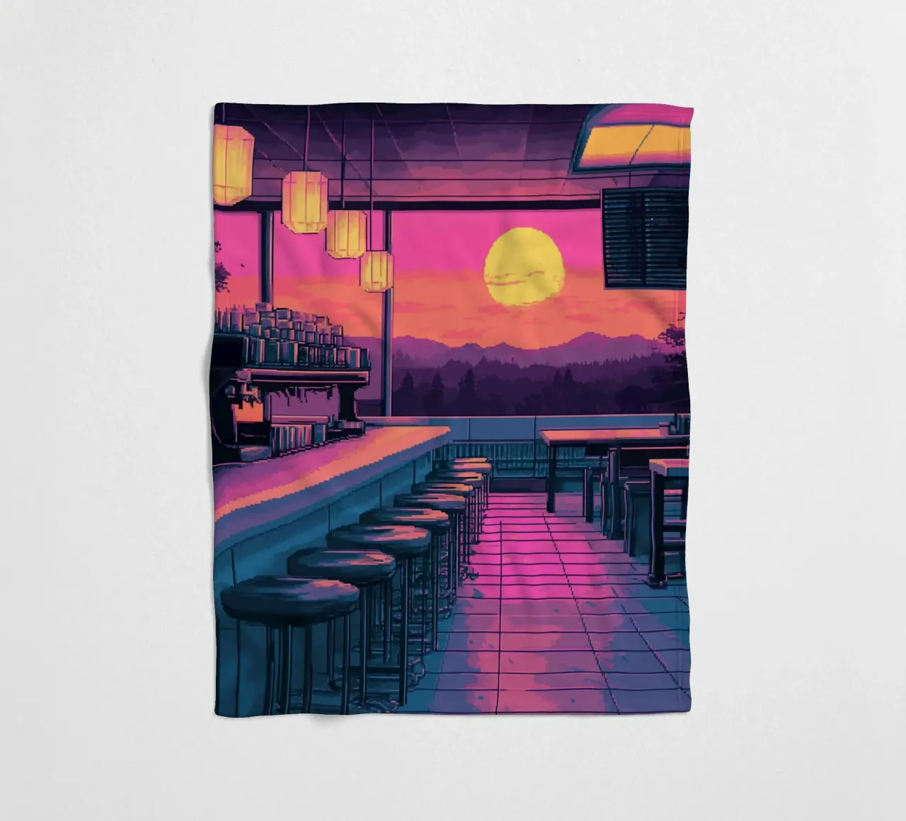 Sunset Bar Interior Design with Bar Stools and View fleece blanket by Dreamyart