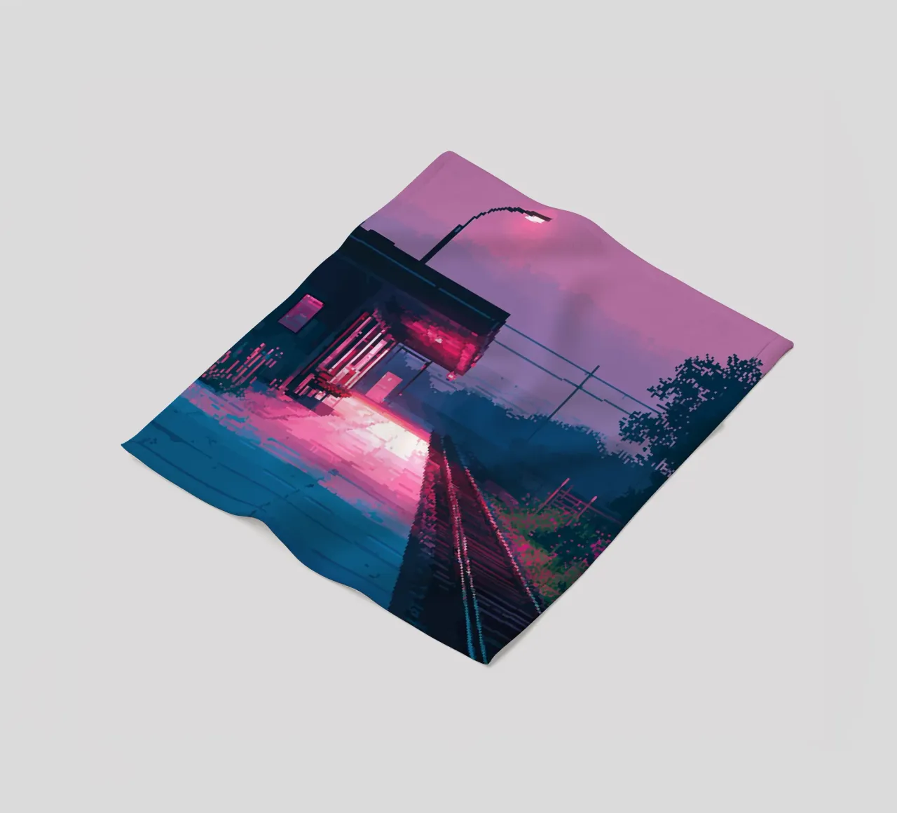Stazione ferroviaria in pixel art coperta in pile da Dreamyart
