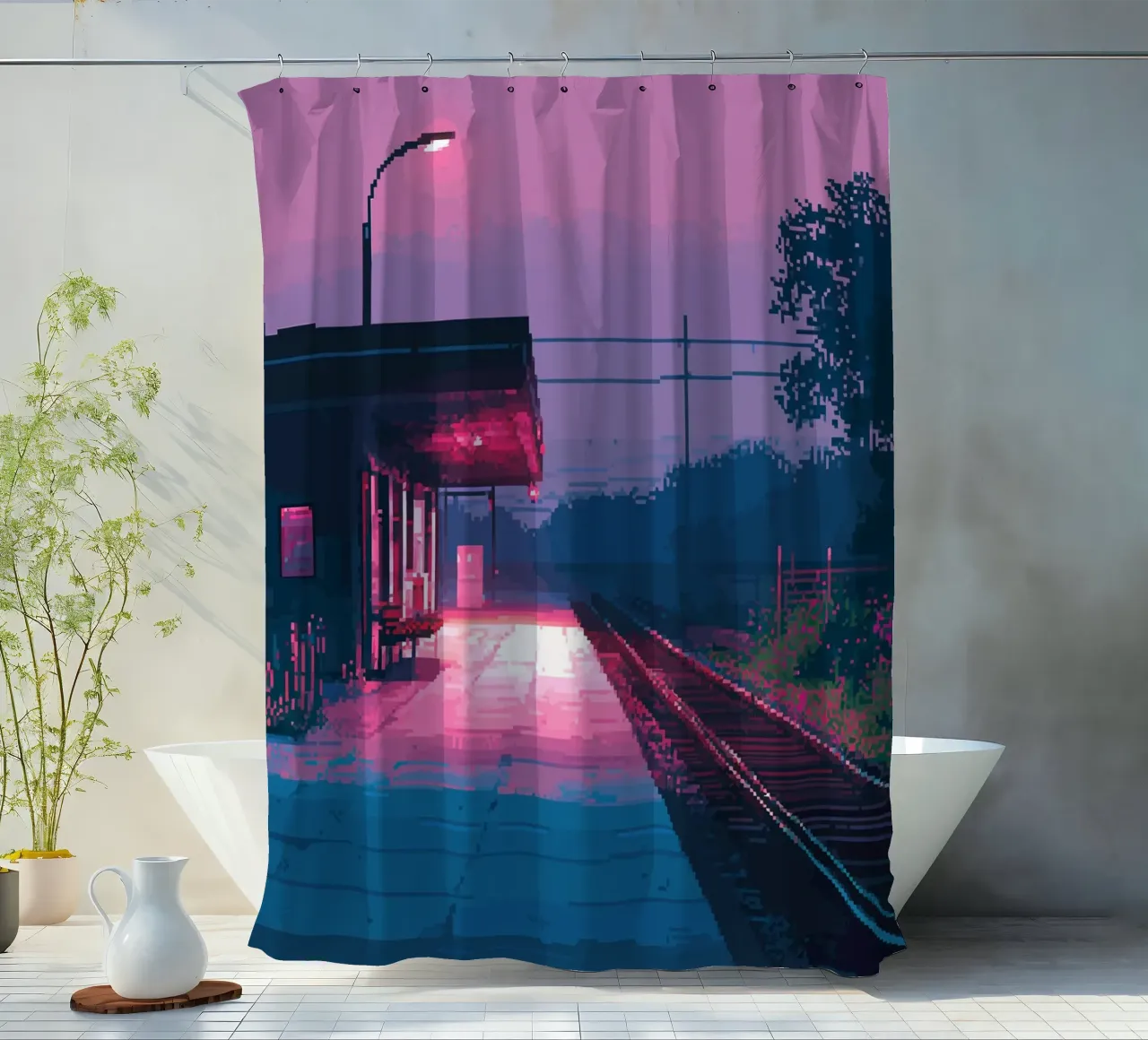 Pixel Art Train Station shower curtain by Dreamyart