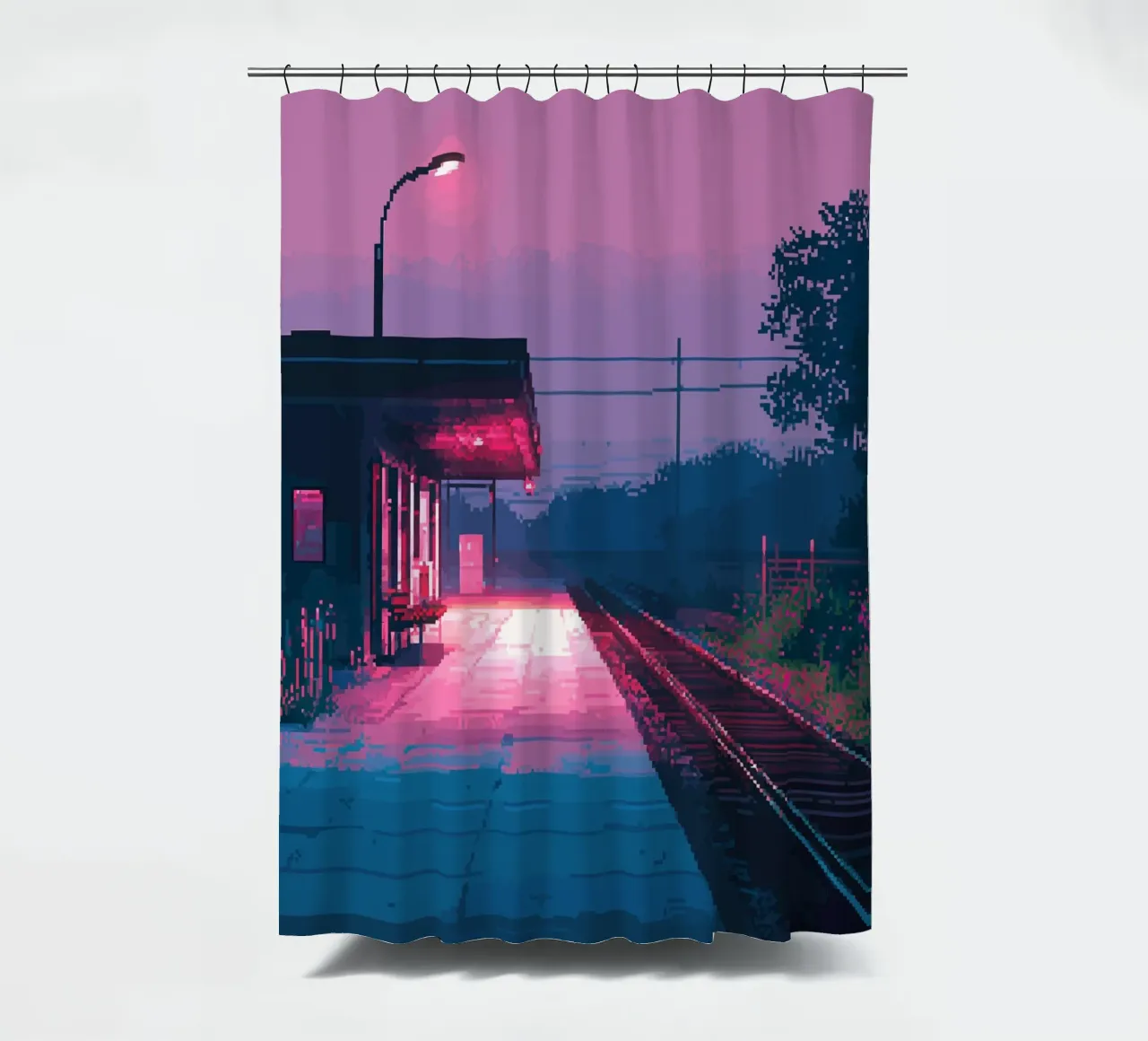 Pixel Art Train Station shower curtain by Dreamyart