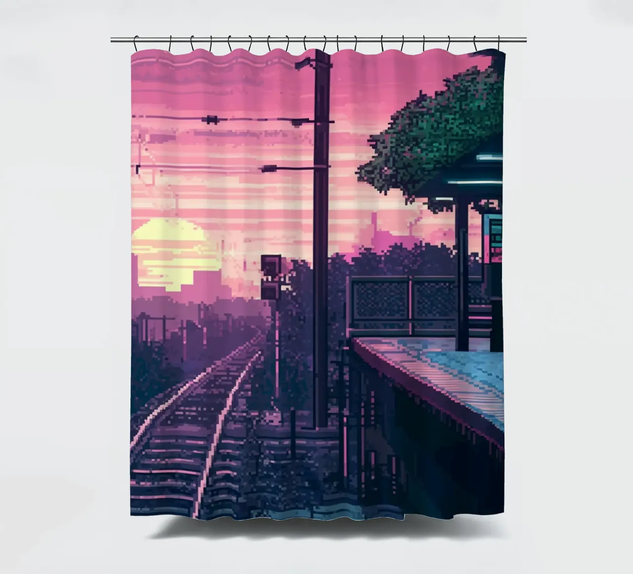 Sunset Train Station Pixel Art Illustration shower curtain by Dreamyart