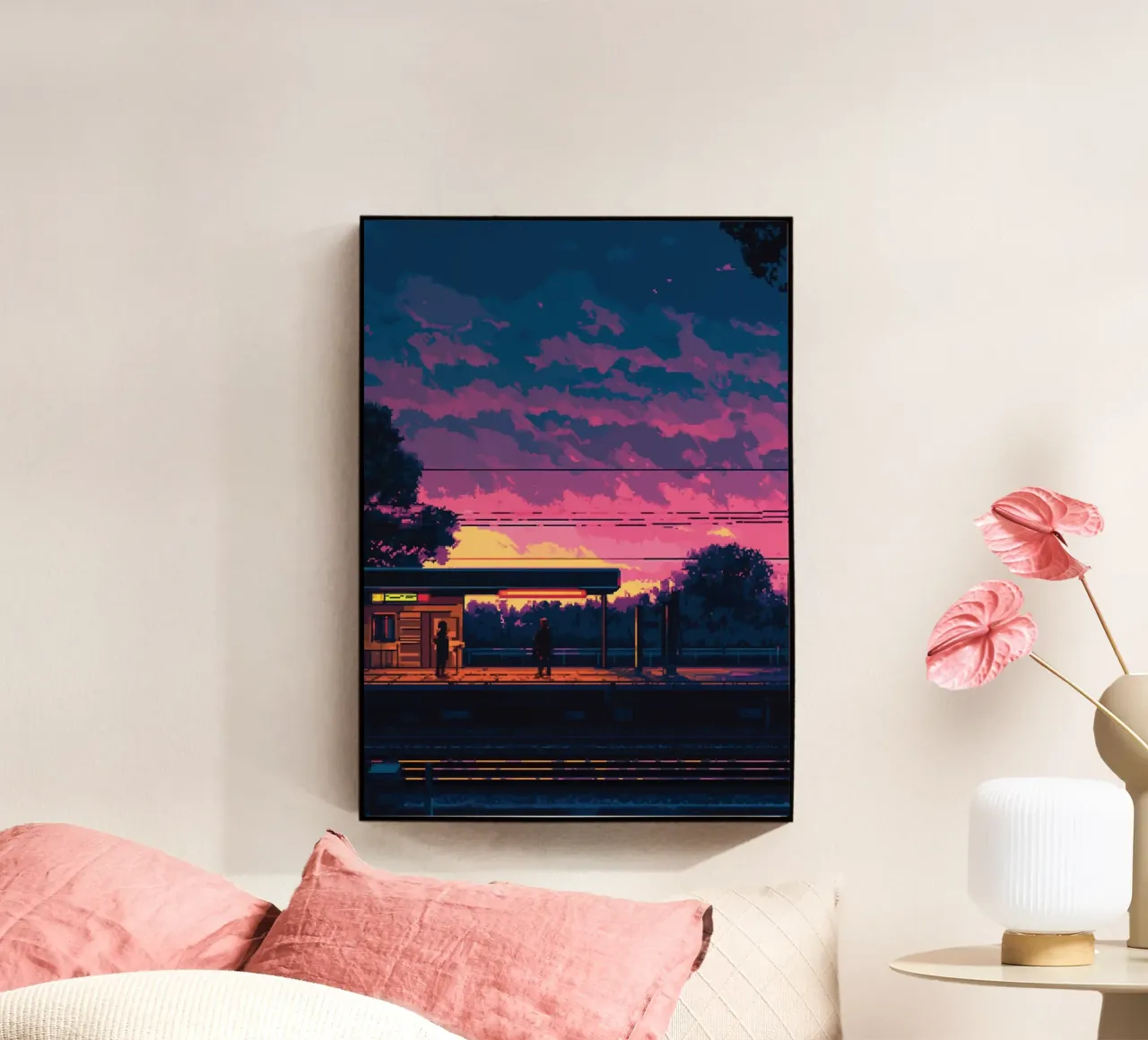 Pixel Art Silueta de estación de tren al atardecer metacrilato de Dreamyart
