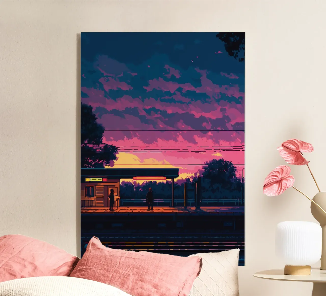 Pixel Art Silueta de estación de tren al atardecer metacrilato de Dreamyart