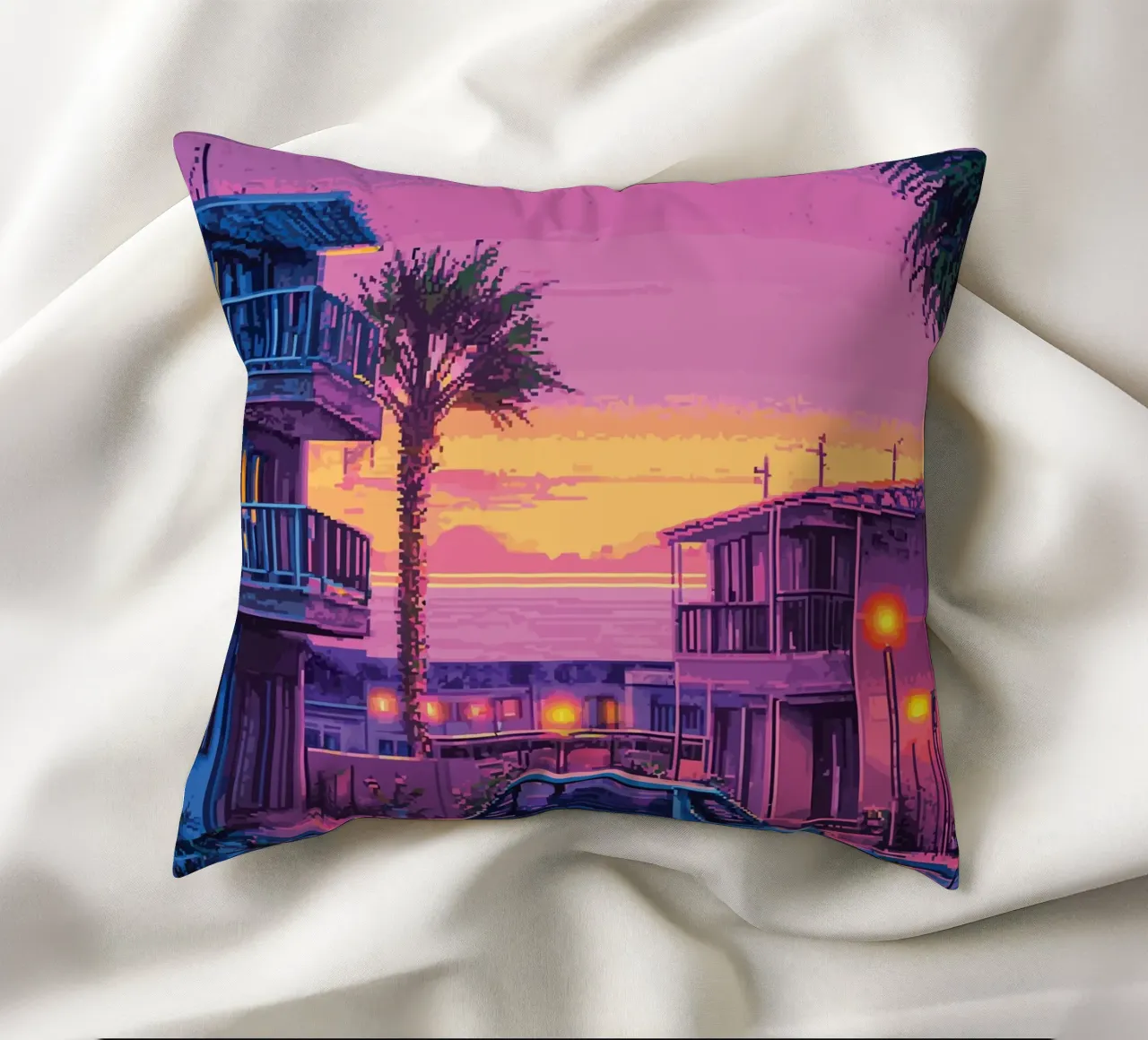 Paesaggio urbano retrò pixelato con tramonto e auto cuscino da Dreamyart