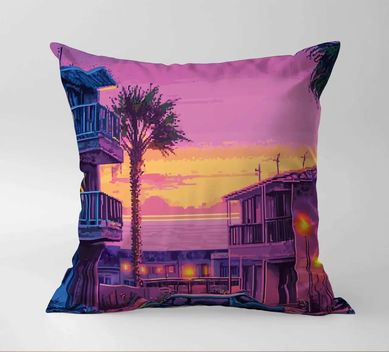 Paesaggio urbano retrò pixelato con tramonto e auto cuscino da Dreamyart