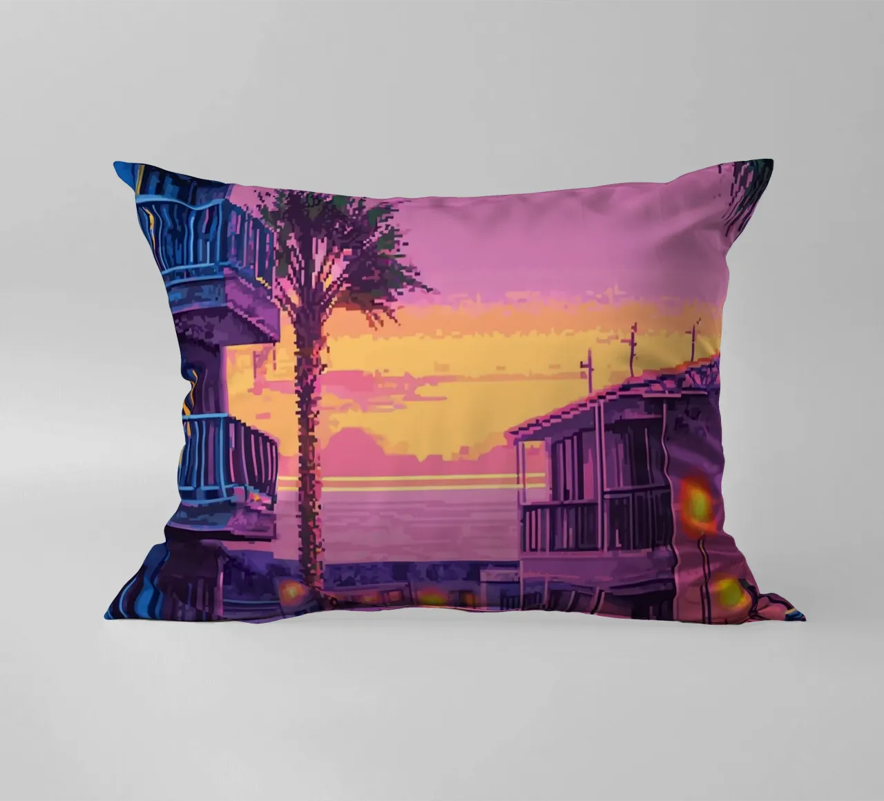 Paesaggio urbano retrò pixelato con tramonto e auto cuscino da Dreamyart