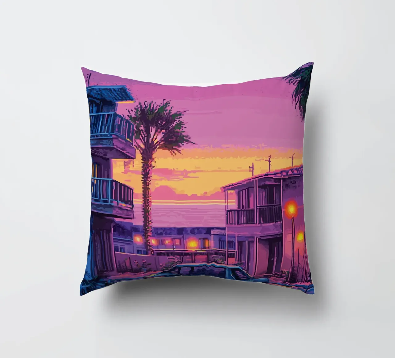 Paesaggio urbano retrò pixelato con tramonto e auto cuscino da Dreamyart