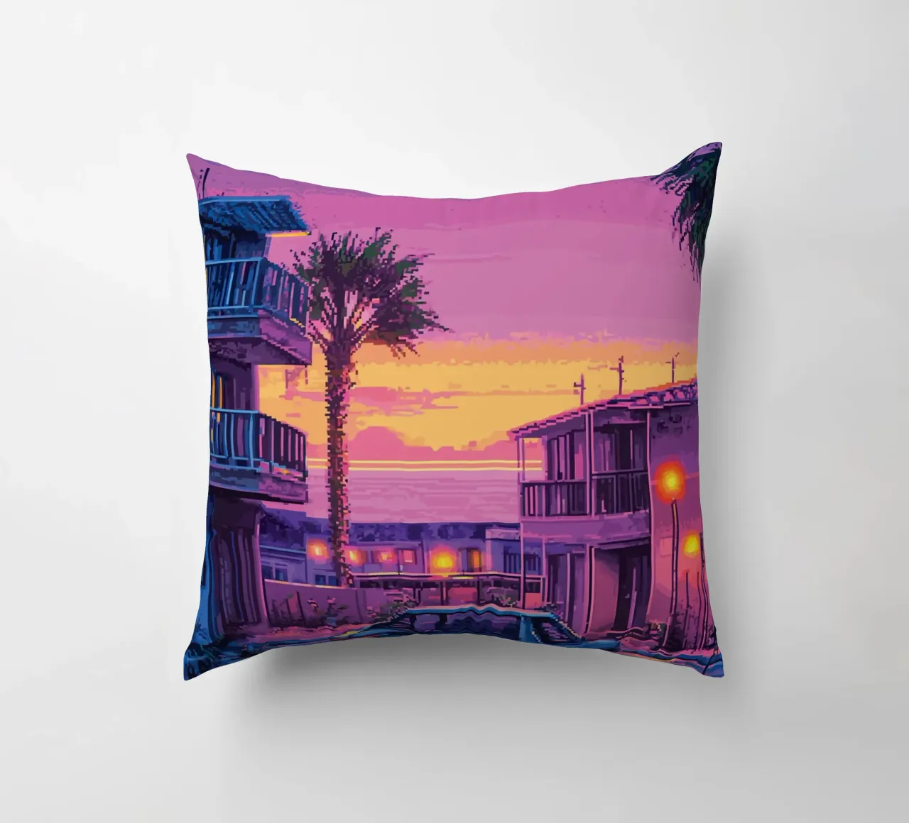 Paesaggio urbano retrò pixelato con tramonto e auto cuscino da Dreamyart