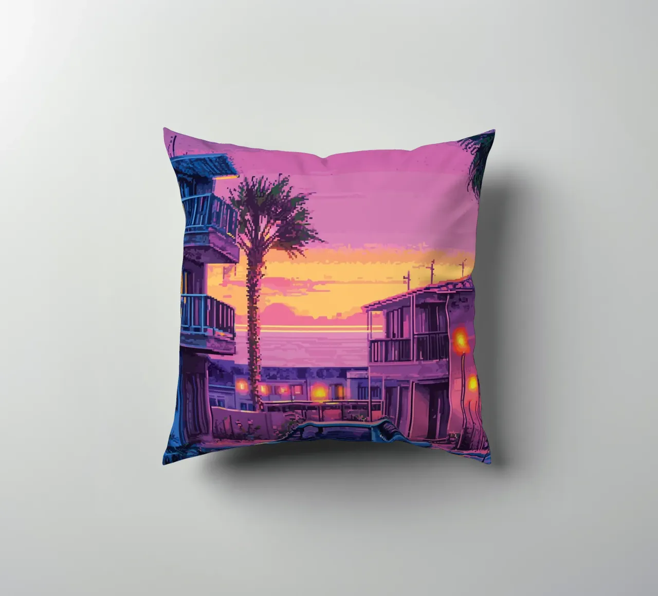 Paesaggio urbano retrò pixelato con tramonto e auto cuscino da Dreamyart